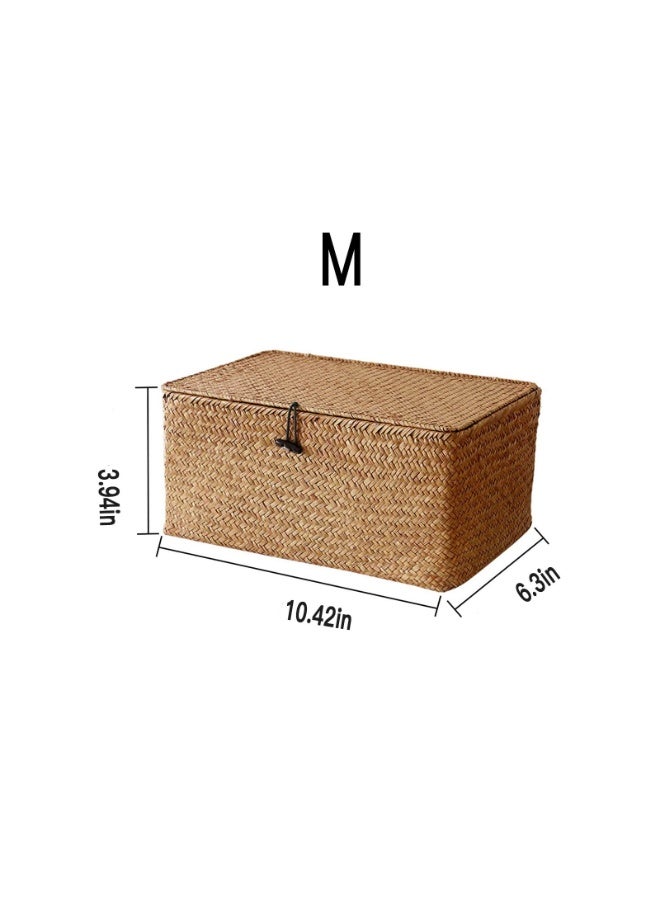 Wicker Storage Box with Lid, Natural Hand-woven Rattan Storage Box, Rectangular Household Organizer Boxes Shelf Wardrobe Organizer (M) - Image 2